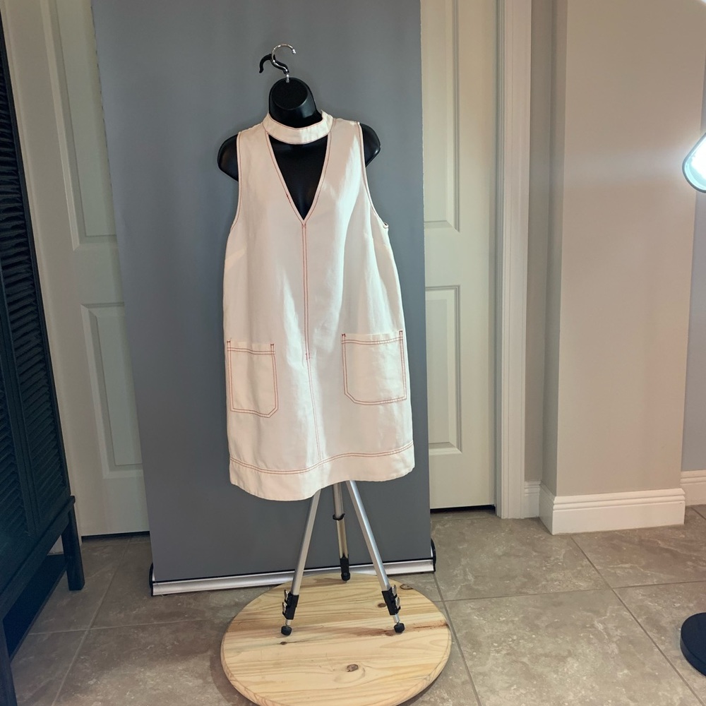 White Denim Dress With Red Stitching